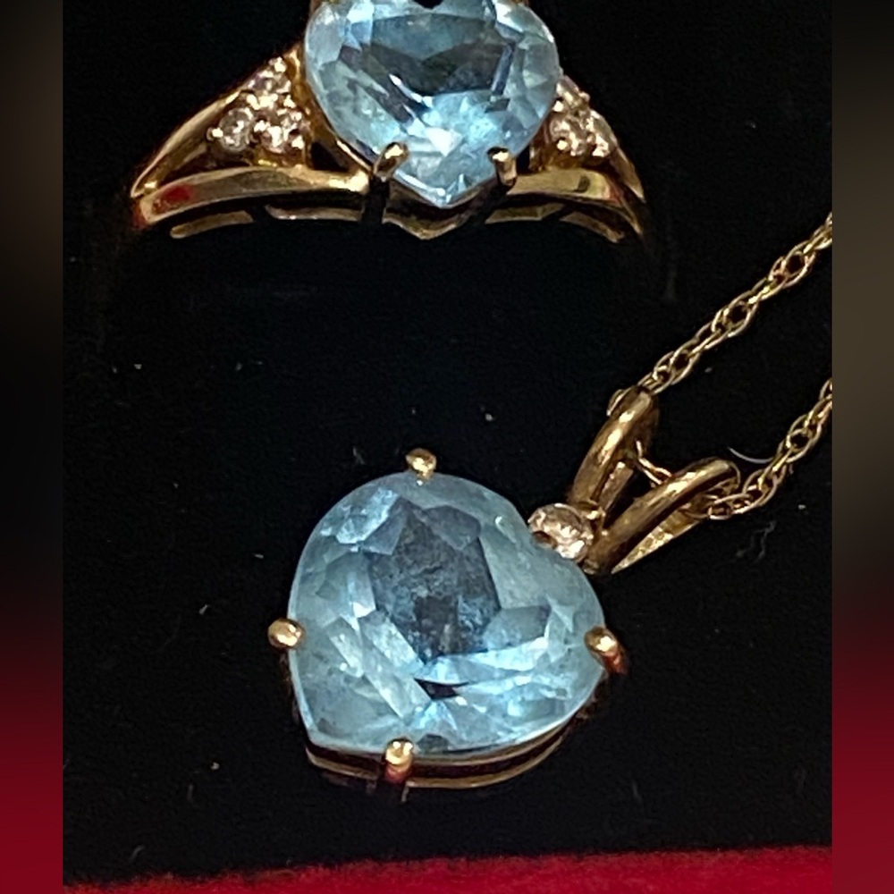Heart Aquamarine, Diamond Necklace & Ring 14k Gold. Perfect Valentine Gift